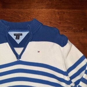 Tommy Hilfiger Men's Blue and White Zip-Up Sweater
